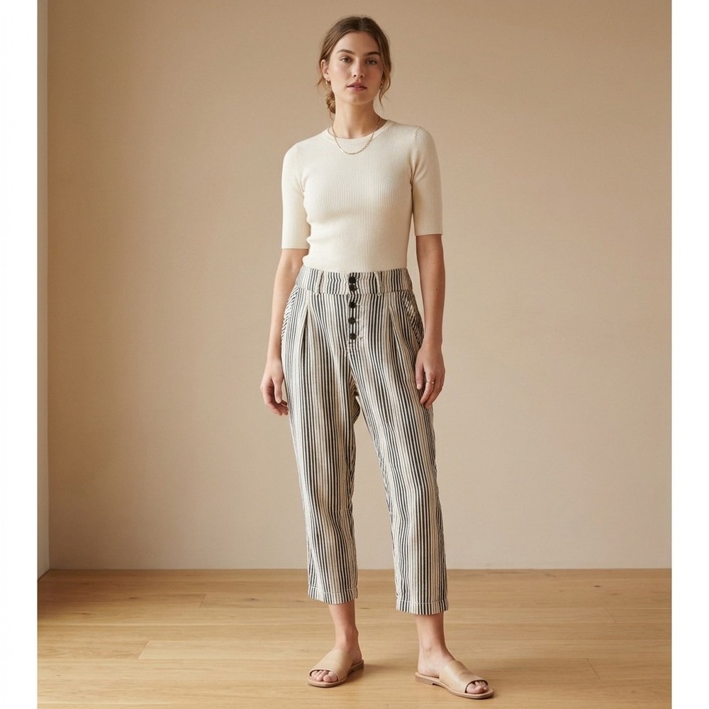 Free People Striped pantsWomens Black Cream 12‎ Boho High Waist Button Fly Ankle